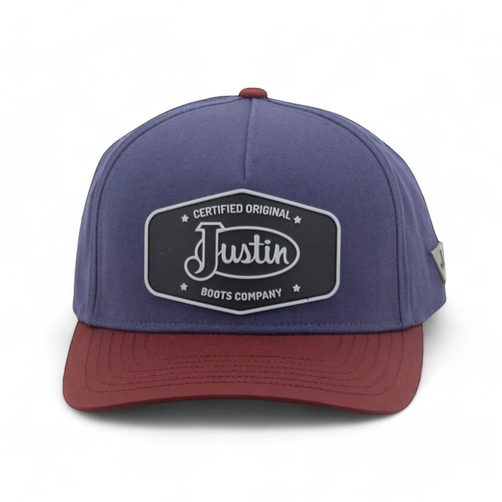 Justin Boots México blue and burgundy polyester baseball cap with curved brim and embroidered logo patch.