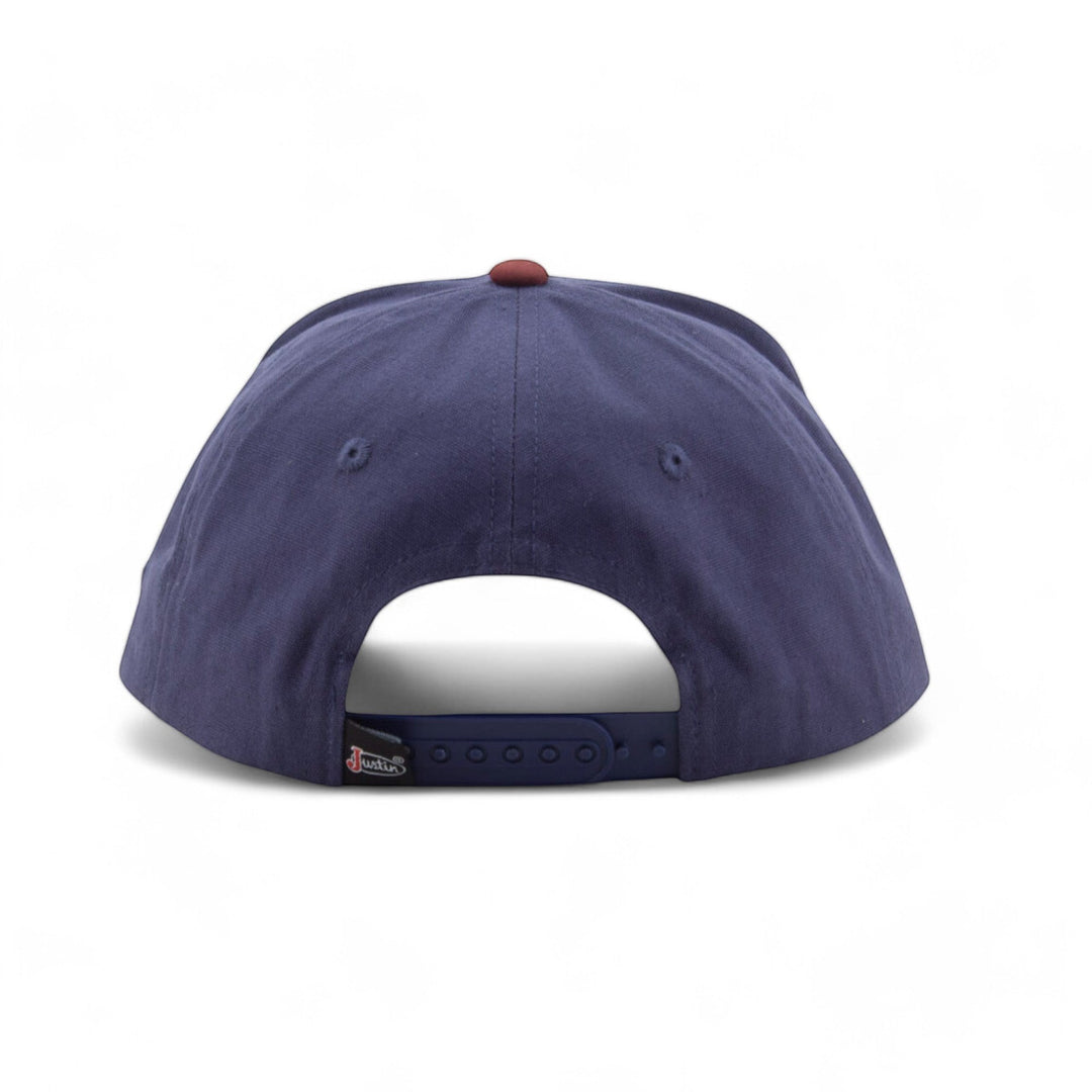 Justin Boots México blue and wine polyester baseball cap with curved brim and snap closure.