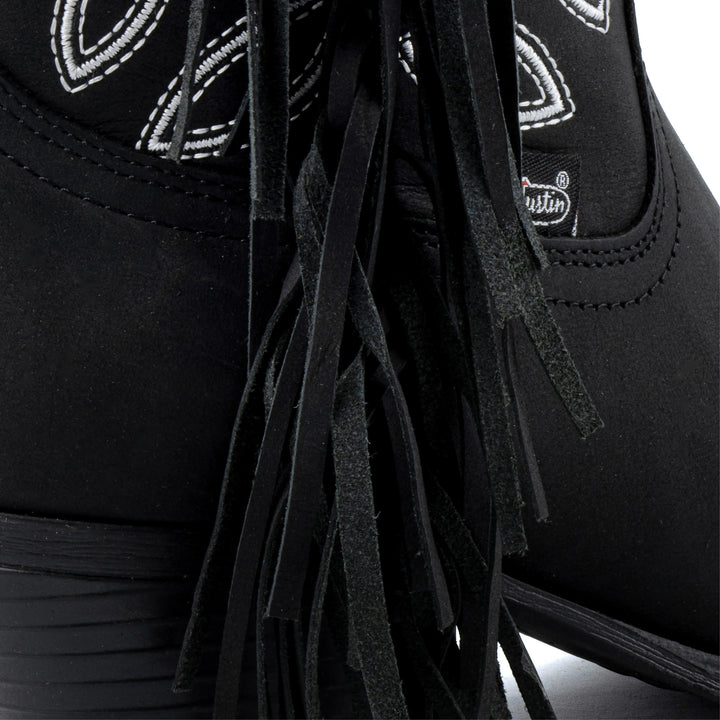 Botas vaqueras negras de piel Justin Boots México con bordado blanco y flecos laterales para mujer.