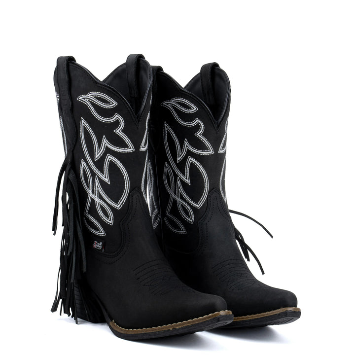 Botas vaqueras negras de piel para mujer de Justin Boots México con bordado plateado y flecos laterales.