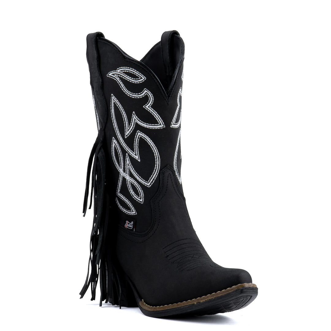 Botas vaqueras negras de piel para mujer de Justin Boots México con bordado blanco y flecos laterales.