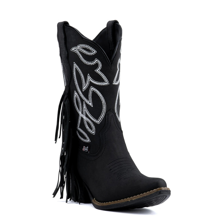 Botas vaqueras negras de piel para mujer de Justin Boots México con bordado blanco y flecos laterales.