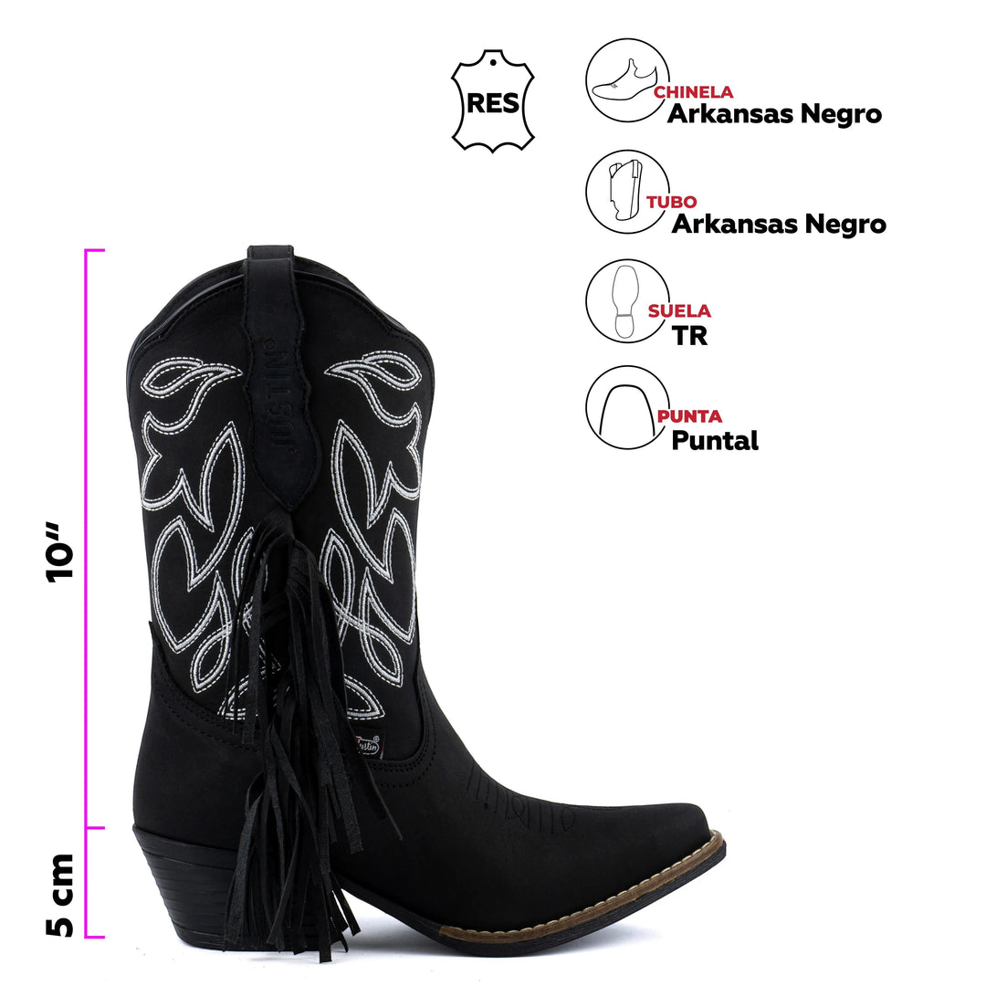 Botas vaqueras negras de piel para mujer de Justin Boots México con bordado blanco, flecos y punta cuadrada. Tacón de 5 cm, caña de 10".