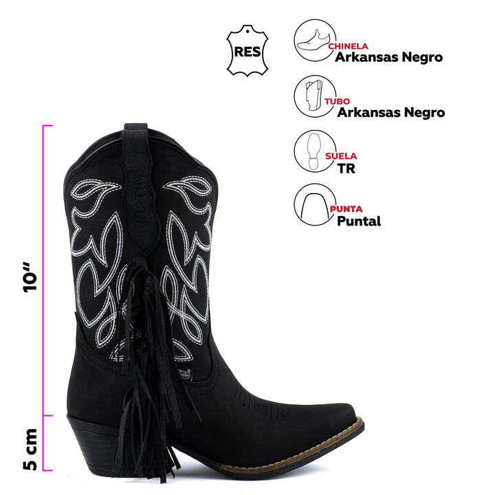 Botas vaqueras negras de piel para mujer de Justin Boots México con bordado blanco, flecos y punta cuadrada. Tacón de 5 cm, caña de 10".