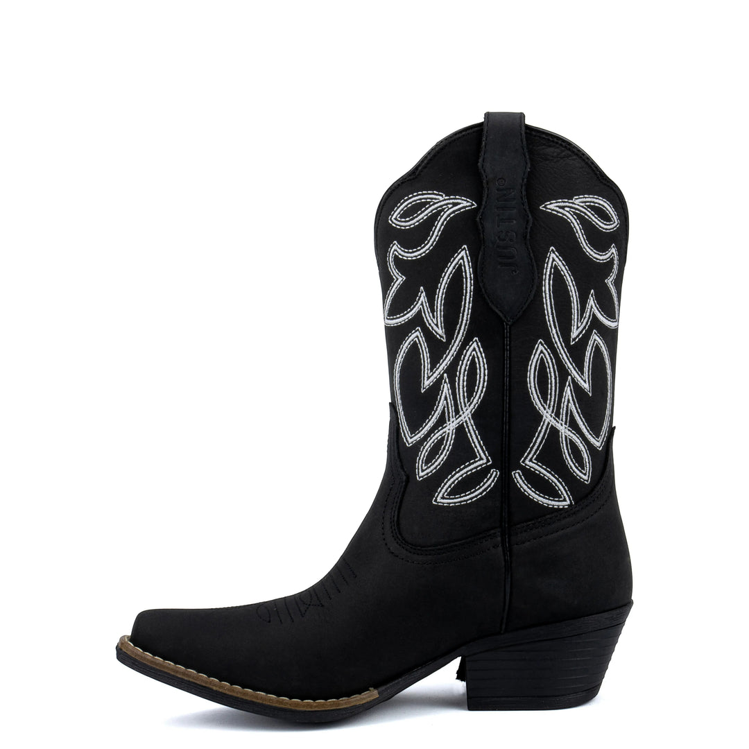 Botas vaqueras negras de piel para mujer de Justin Boots México con bordado blanco y tacón.