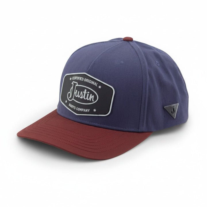 Justin Boots México blue and burgundy polyester baseball cap with curved brim and snap closure.