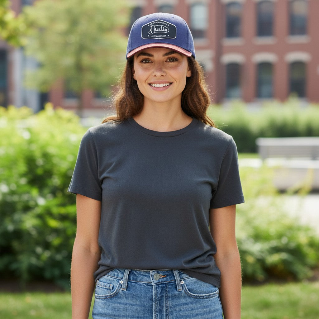 Justin Boots México blue and burgundy polyester baseball cap with curved brim and embroidered logo.