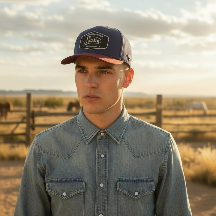 Justin Boots México blue and maroon polyester baseball cap with curved brim and snap closure.