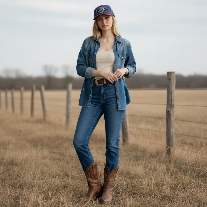 Justin Boots México blue and wine polyester baseball cap with curved brim and snap closure.