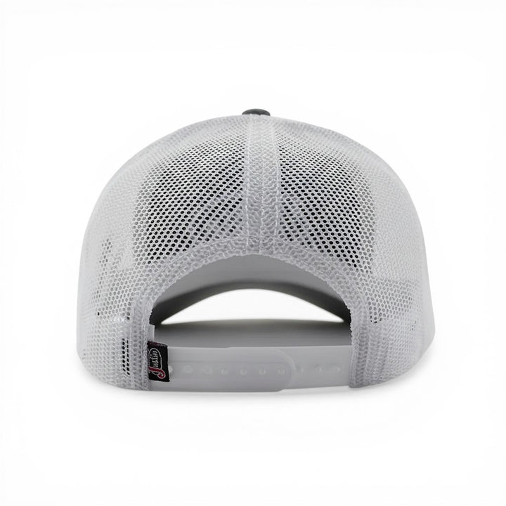 Justin Boots México gray trucker cap with breathable mesh back and adjustable snapback closure.