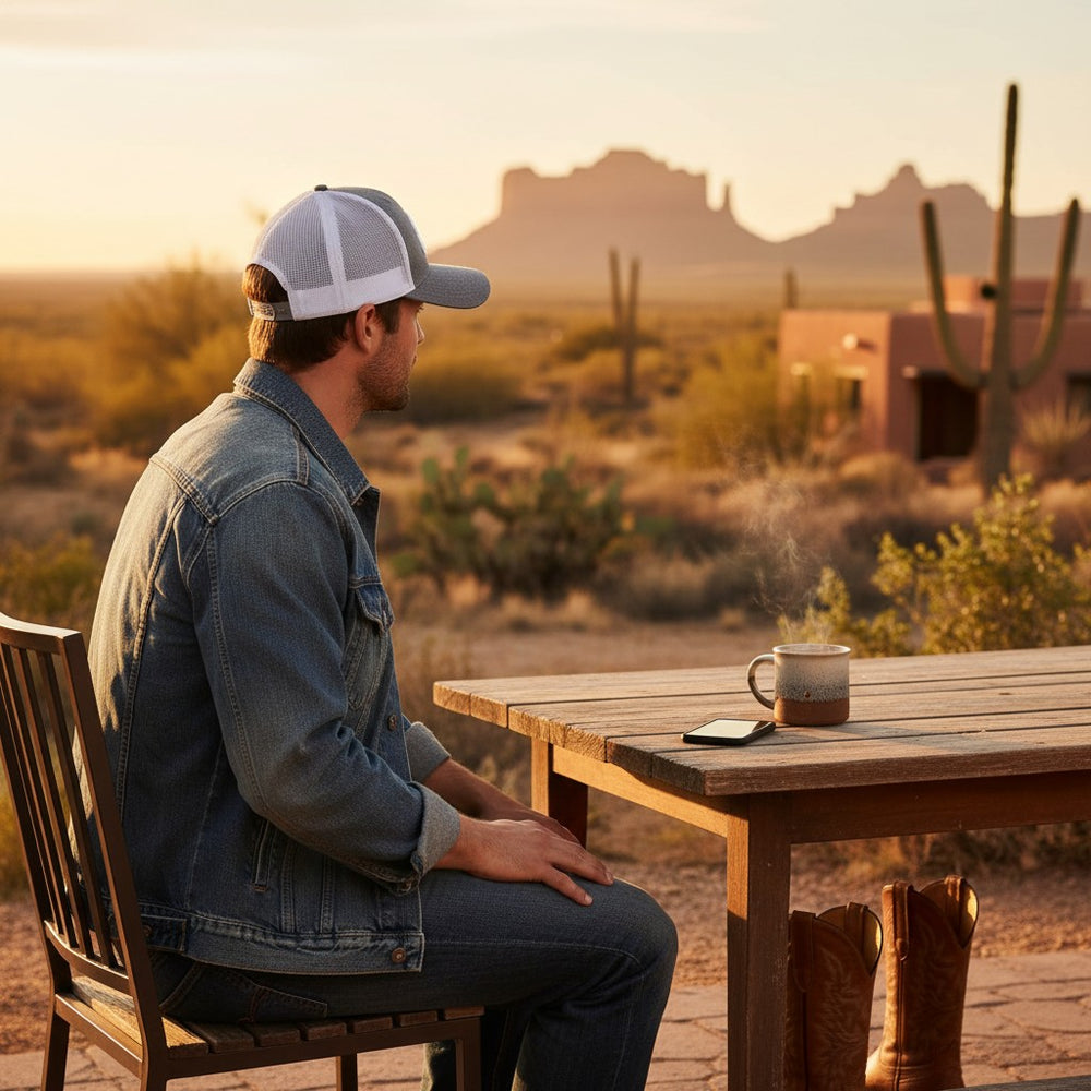 Justin Boots México gray trucker hat with white mesh back and embroidered Justin logo.
