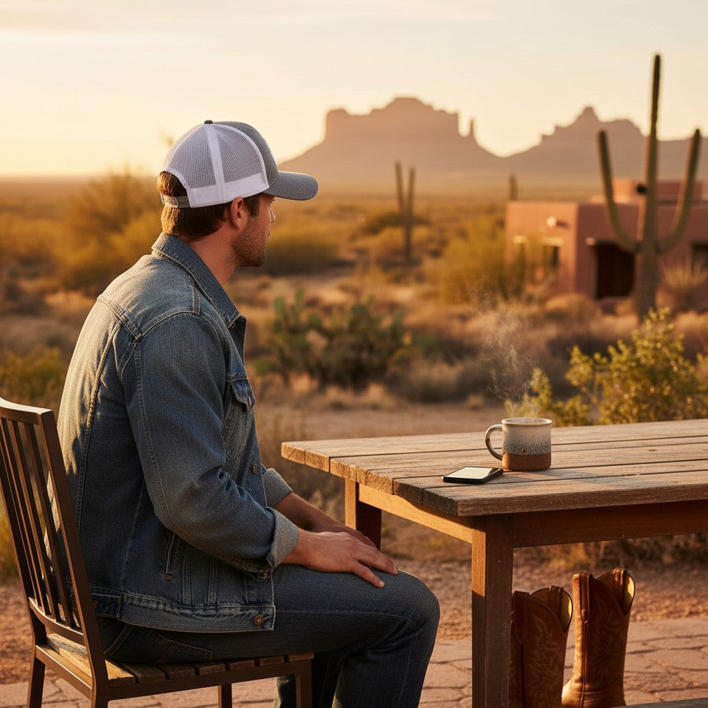Justin Boots México gray trucker hat with white mesh back and embroidered Justin logo.